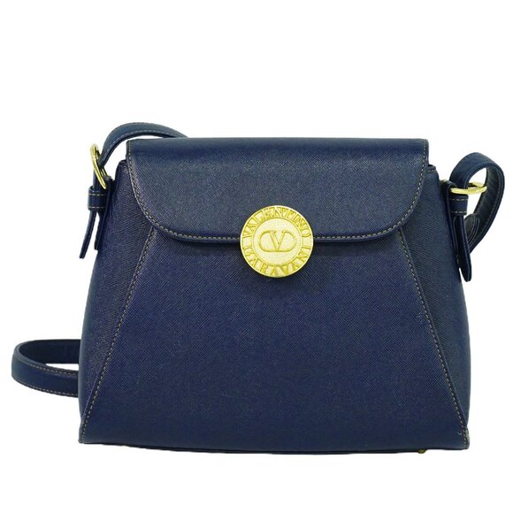 VALENTINO GARAVANI Leather Shoulder Crossbody Bag Navy Gold